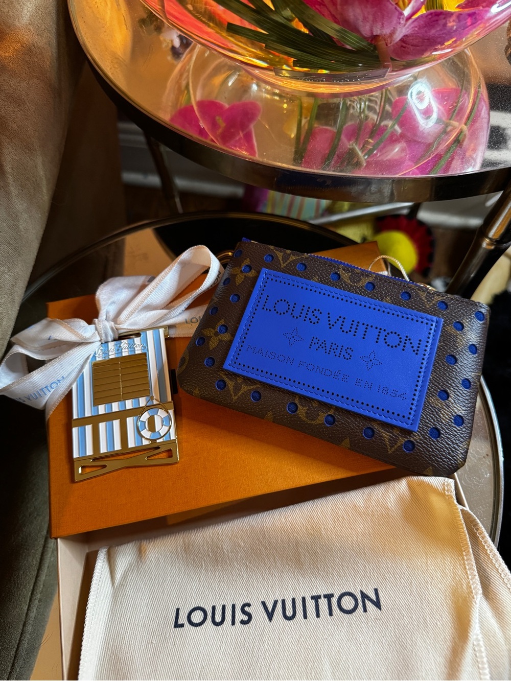 LOUIS VUITTON KEY POUCH S PERFORATED NEON WAVE BLUE NEW